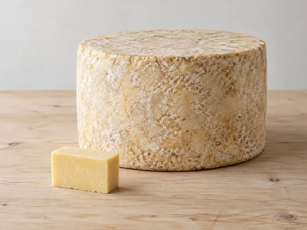 One large drum-shaped cheddar truckle beside a small rectangular cheddar block - Barrys Bay Cheddar | KnowTheCheese