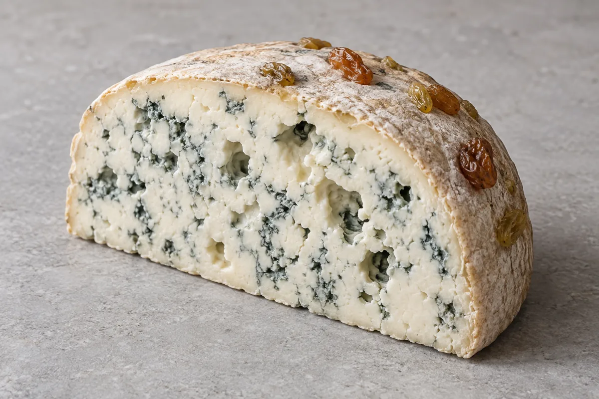 Illustration of a half wheel of blue cheese with white paste, blue-green veins and golden raisins on the rind, not a product photo - Basajo | KnowTheCheese