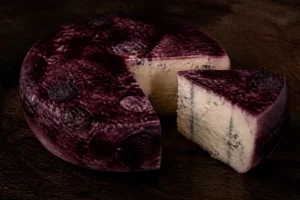 Squat wheel with a deep purple wine-stained surface and a wedge showing ivory paste with fine blue veins - Basajo | KnowTheCheese
