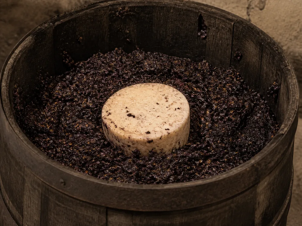 Old wooden barrel packed with dark spent grape skins and pips with a pale cheese wheel half buried in the mass - Basajo | KnowTheCheese