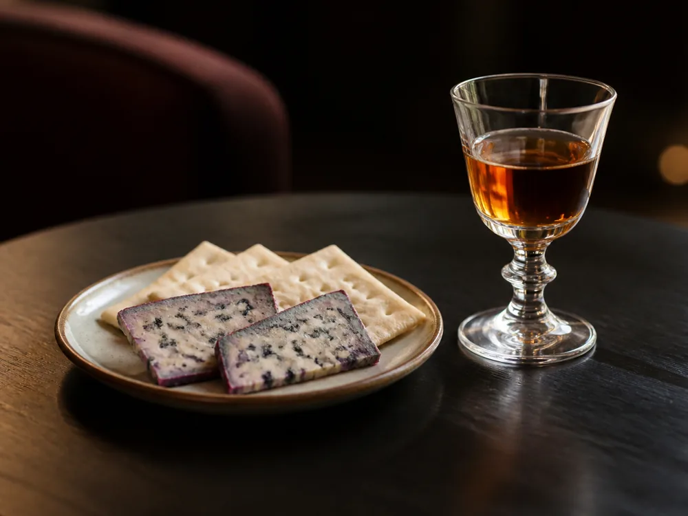 Two slices of wine-stained blue beside a glass of amber dessert wine and plain water crackers - Basajo | KnowTheCheese