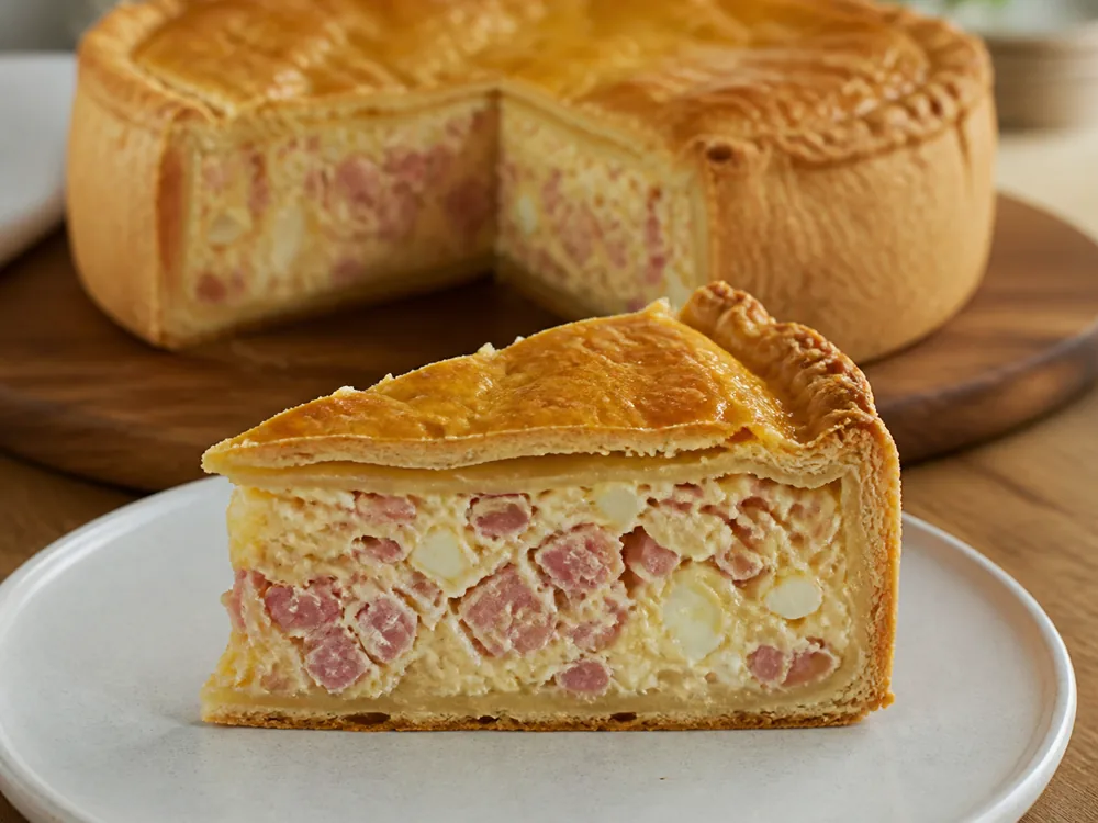 Wedge of double-crusted Italian Easter pie showing cured meat and pale cheese set in egg - Basket Cheese | KnowTheCheese
