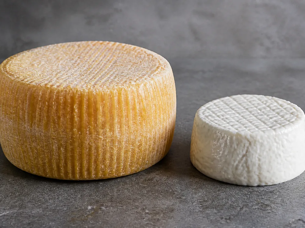 Hard ridged aged wheel beside a small soft fresh white cheese, both basket marked - Basket Cheese | KnowTheCheese