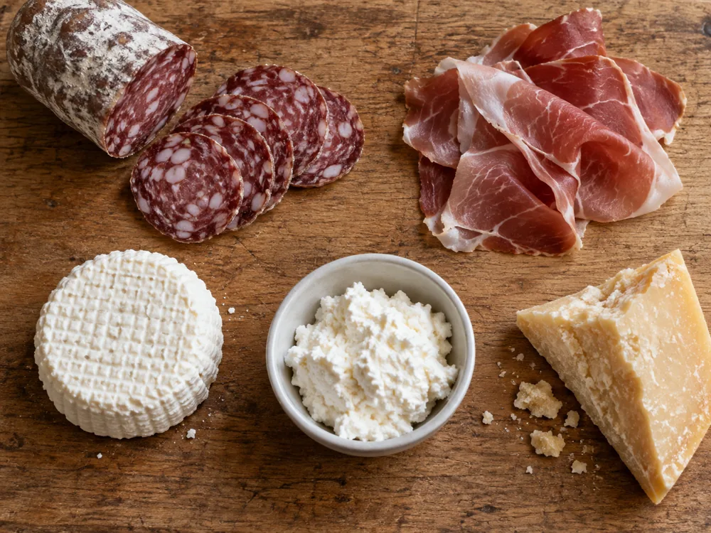 Sliced salami and cured ham beside a round white cheese, a bowl of ricotta and a Parmesan wedge on a wooden board - Basket Cheese | KnowTheCheese