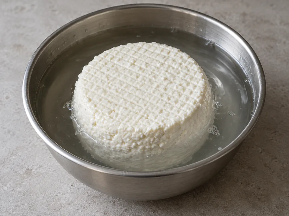 Round white cheese with a grid pattern sitting in a bowl of clear brine - Basket Cheese | KnowTheCheese