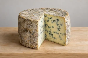 Wheel of blue cheese with a wedge cut out showing a cream-coloured paste with evenly spaced blue veins - Bath Blue | KnowTheCheese