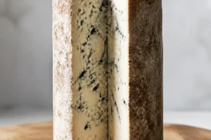 Tall cylindrical blue cheese with a dry crusty rind and a wedge cut away showing pale ivory paste with fine blue veining - Bath Blue | KnowTheCheese