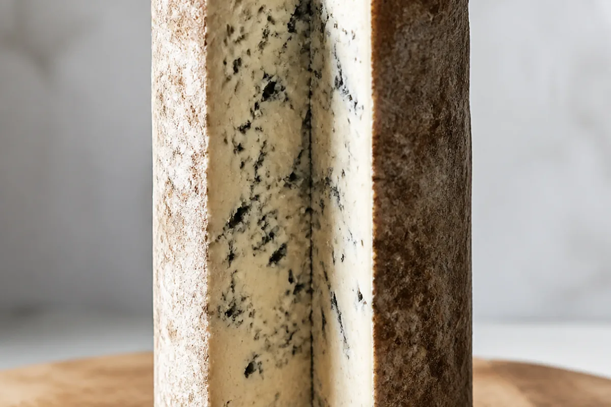 Tall cylindrical blue cheese with a dry crusty rind and a wedge cut away showing pale ivory paste with fine blue veining - Bath Blue | KnowTheCheese