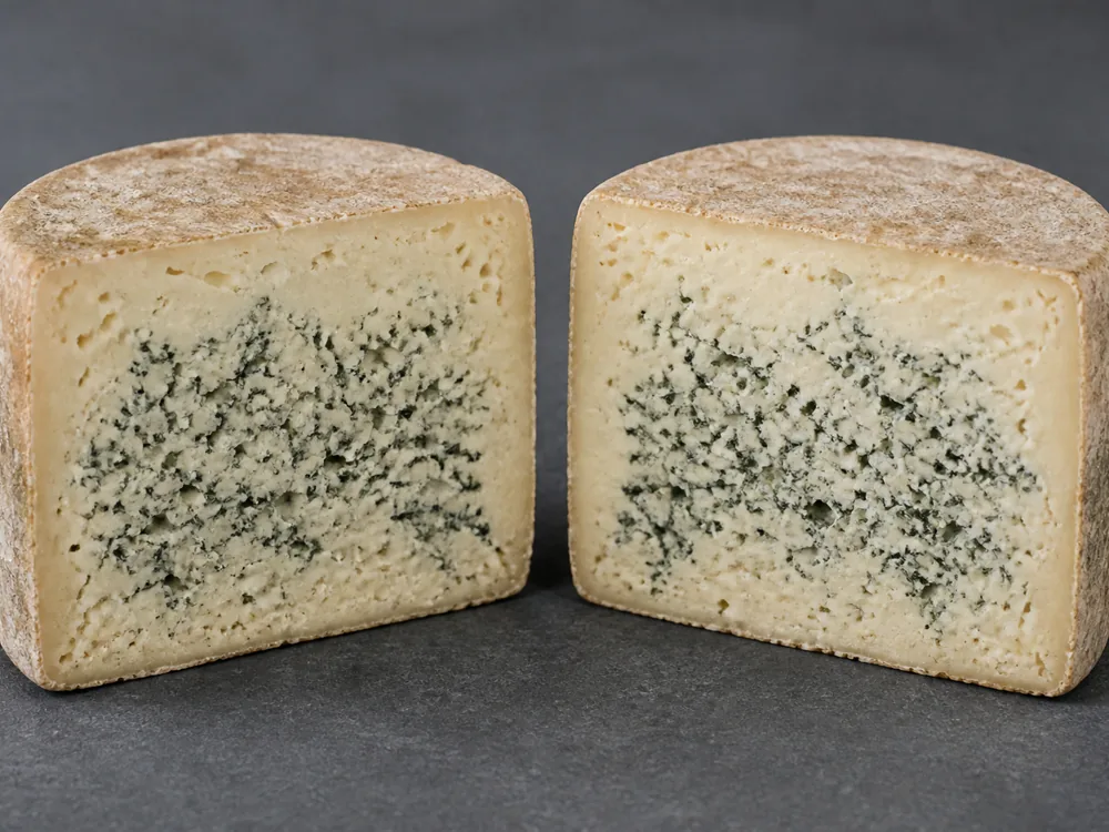 A cylindrical blue cheese cut in half with the two halves stood apart showing the full cross-section from top rind to bottom - Bath Blue | KnowTheCheese
