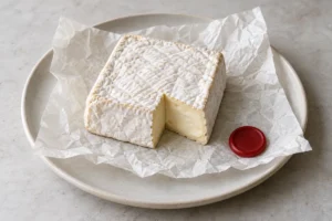 Square white bloomy-rind Bath Soft cheese cut open on parchment beside a red wax seal - Bath Soft | KnowTheCheese