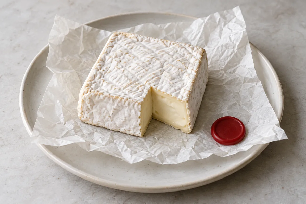 Square white bloomy-rind Bath Soft cheese cut open on parchment beside a red wax seal - Bath Soft | KnowTheCheese