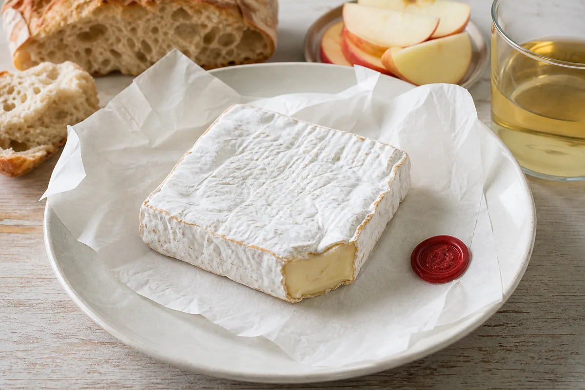Square bloomy-rind Bath Soft cheese with parchment and red wax seal - Bath Soft | KnowTheCheese