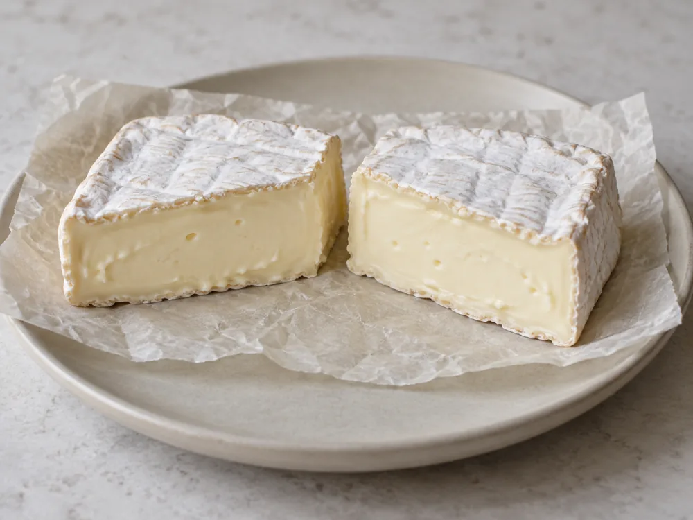 Square cheese cut in half showing a soft ivory interior inside a white bloomy rind - Bath Soft | KnowTheCheese