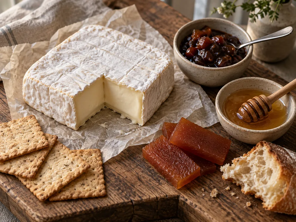 Square white bloomy-rind cheese with chutney, honey, quince paste, crackers and bread on a board - Bath Soft | KnowTheCheese