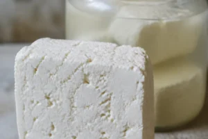 Rough-cut block of chalk-white cheese full of small holes standing beside a plain jar of cloudy brine - Batzos | KnowTheCheese