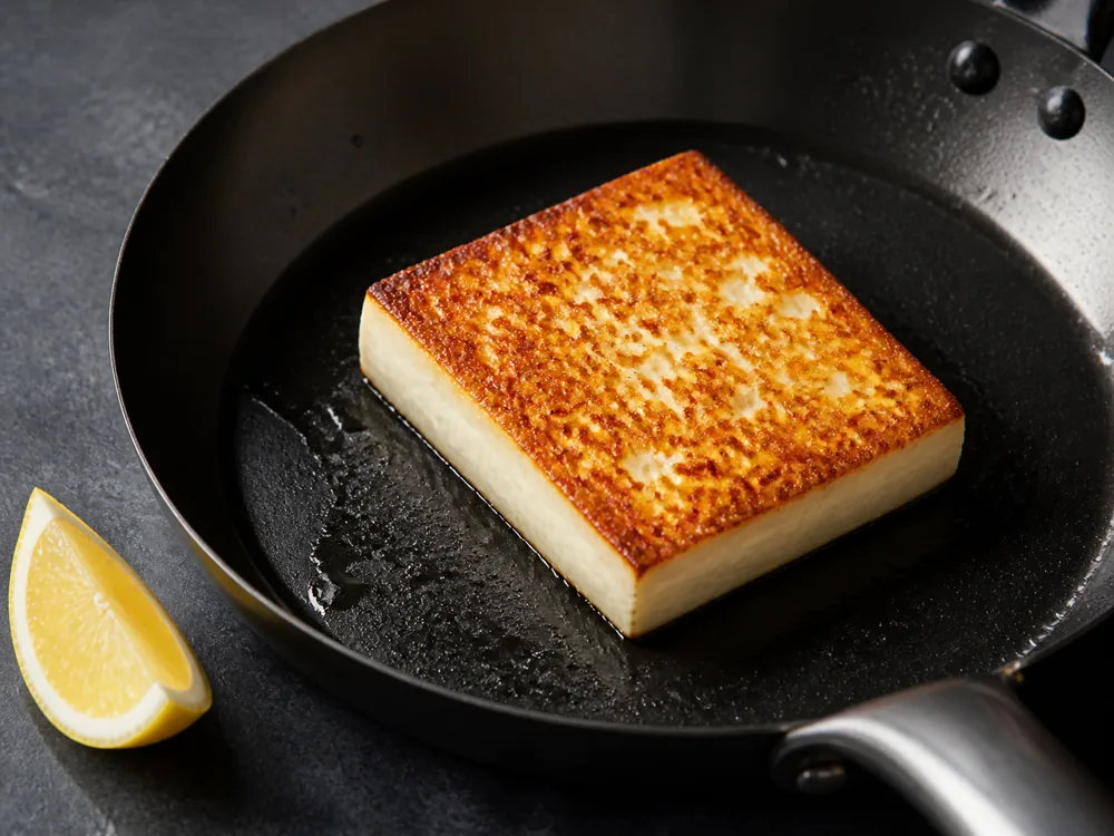 Slab of white cheese frying in a shallow pan with a golden crusted underside while holding its square edges - Batzos | KnowTheCheese