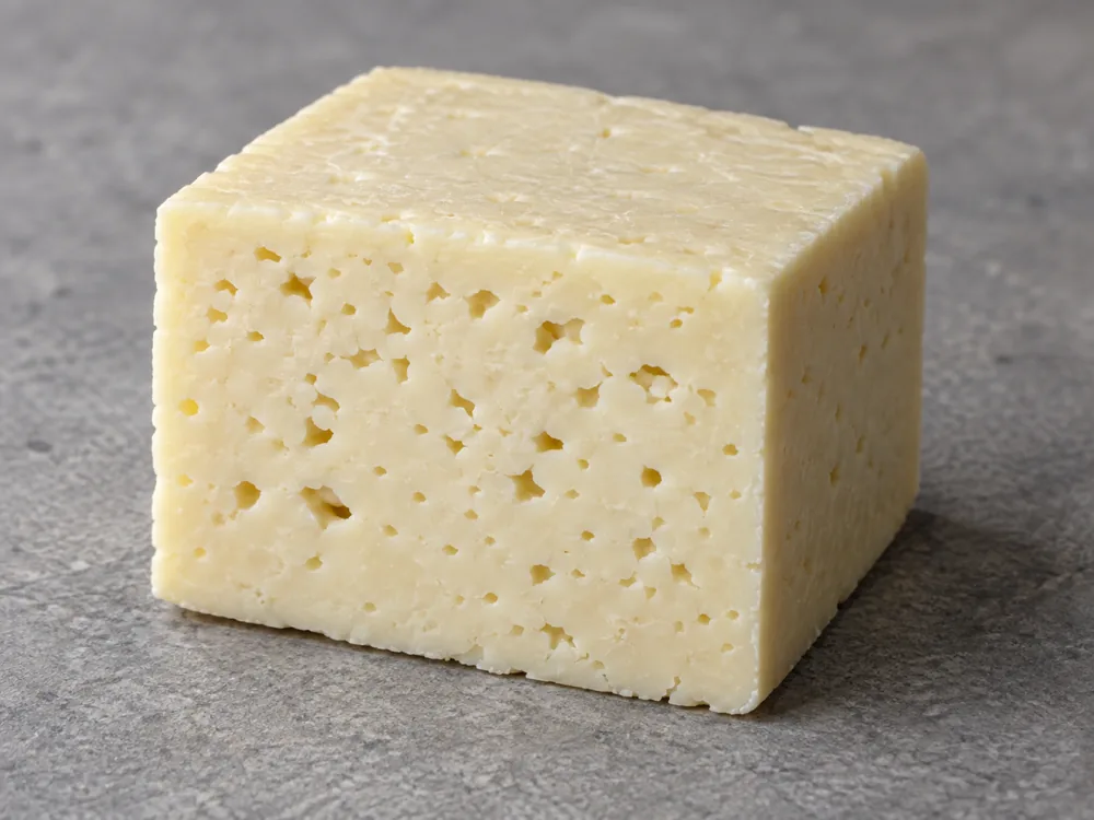 Square-cut rindless white to pale yellow cheese block with many small irregular holes on its cut face - Batzos | KnowTheCheese