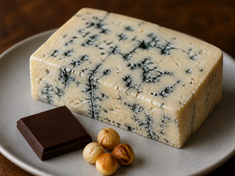 Thick slab of blue cheese on a plain plate beside dark chocolate and toasted hazelnuts - Bayley Hazen Blue | KnowTheCheese