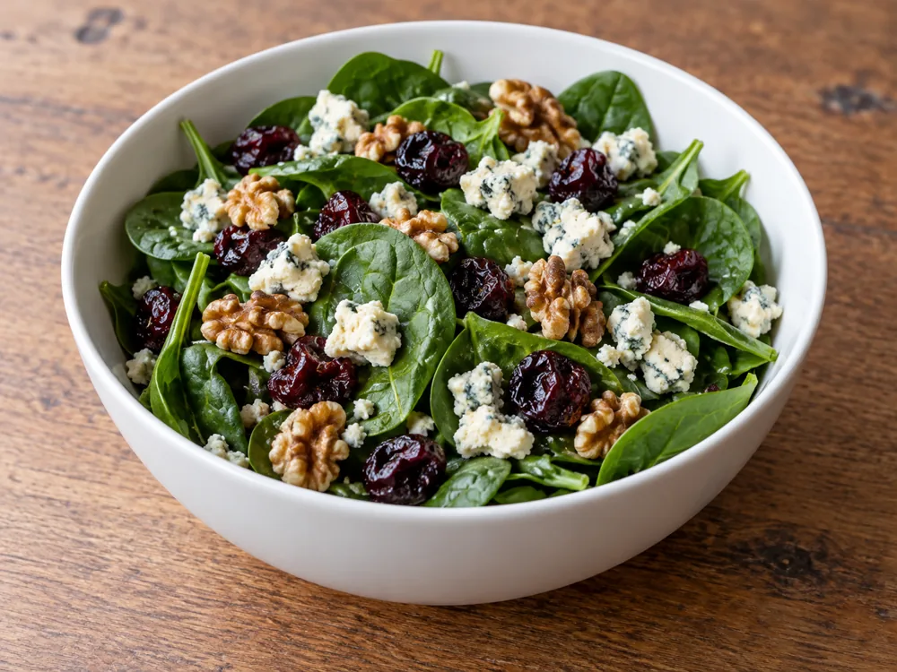Spinach salad with walnuts, dried tart cherries and crumbled blue cheese
