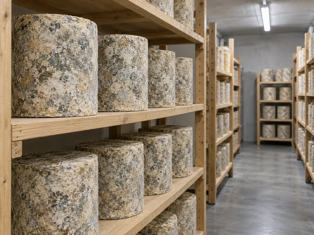 Natural-rind blue cheese wheels ageing on wooden racks in a clean cellar