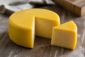 Small round of cheddar coated in plain yellow wax with a wedge cut away showing close pale gold paste - Baylough | KnowTheCheese