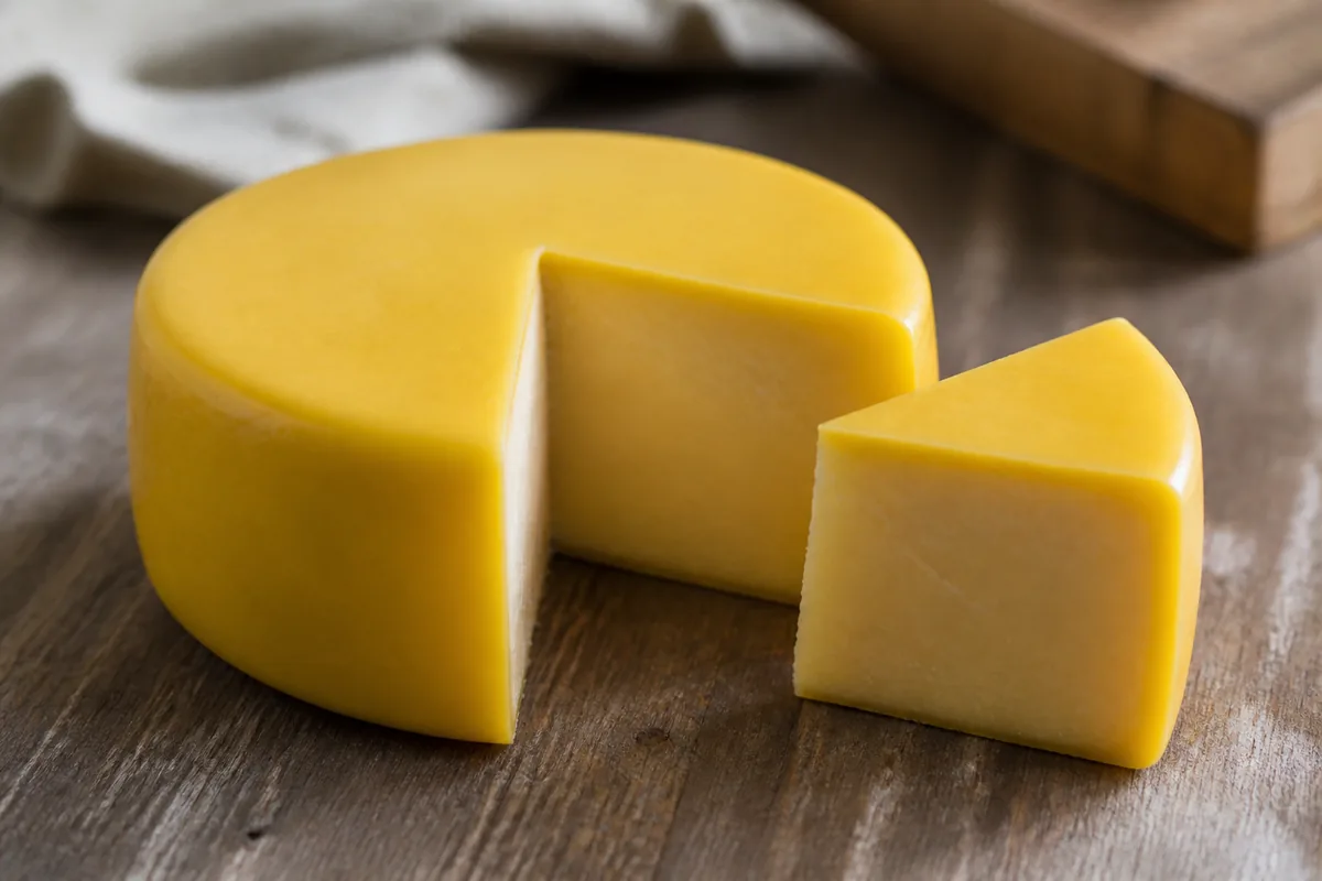 Small round of cheddar coated in plain yellow wax with a wedge cut away showing close pale gold paste - Baylough | KnowTheCheese