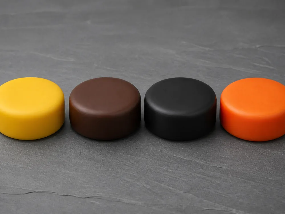 Four small rounds of cheese in a row sealed in plain yellow, brown, black and orange wax - Baylough | KnowTheCheese
