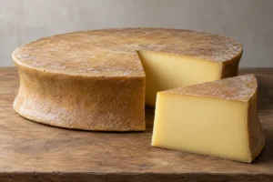Beaufort wheel with a concave side and a cut wedge showing smooth pale-yellow paste - Beaufort cheese | KnowTheCheese