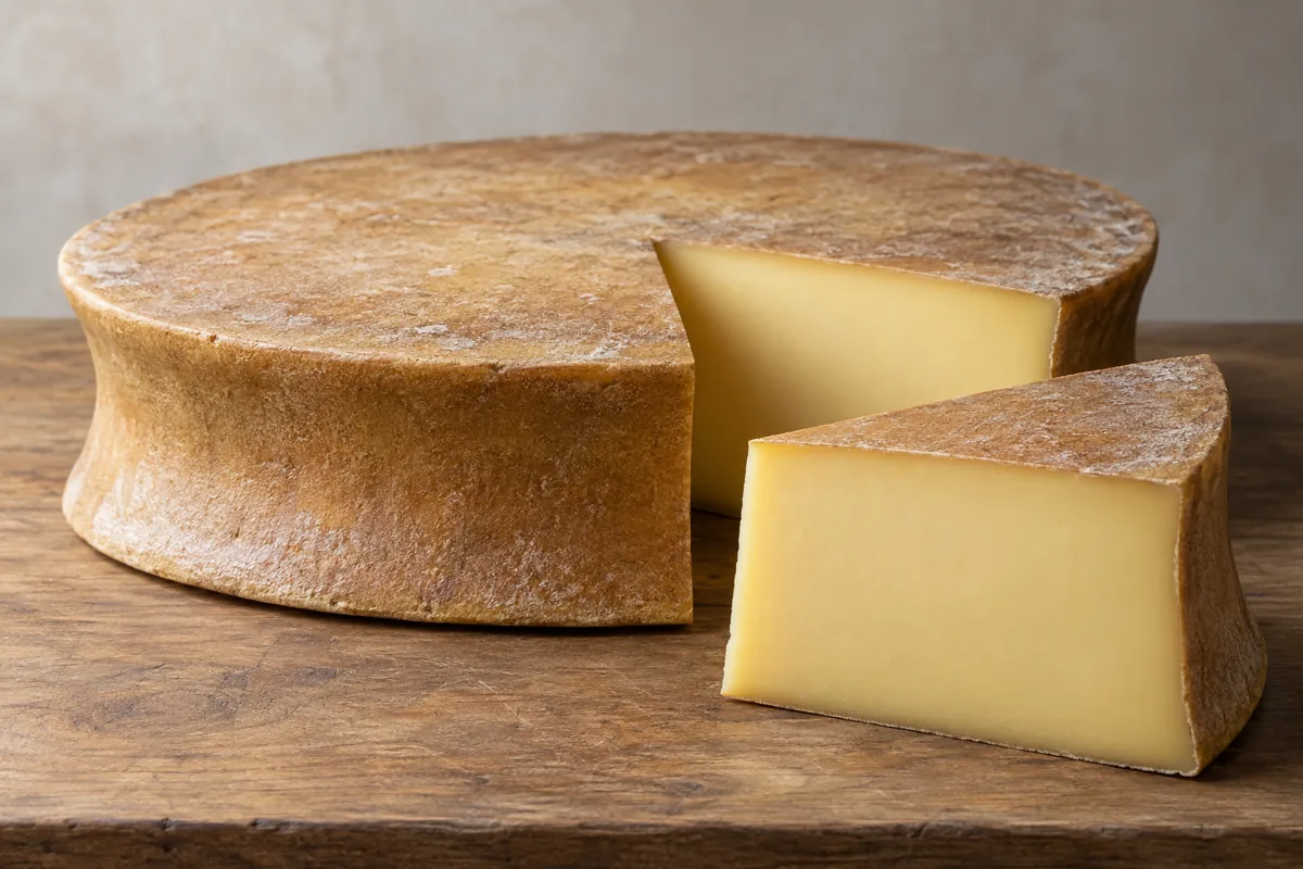 Beaufort wheel with a concave side and a cut wedge showing smooth pale-yellow paste - Beaufort cheese | KnowTheCheese