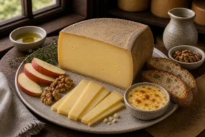 Beaufort-style Alpine cheese wedge and slices with apple, walnuts, bread, and gratin - Beaufort cheese | KnowTheCheese
