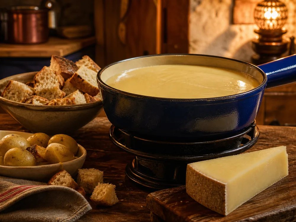 Smooth Beaufort fondue with bread potatoes and a Beaufort wedge - Beaufort cheese | KnowTheCheese