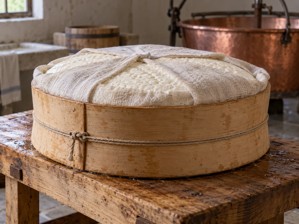 Fresh Beaufort curd in a linen cloth held by a wooden hoop bowed inward, with a copper cauldron behind - Beaufort cheese | KnowTheCheese
