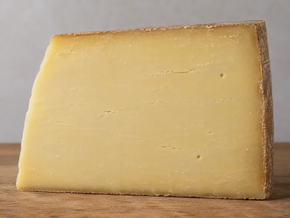 Cut face of a Beaufort wedge with smooth pale-yellow paste, fine horizontal cracks and two tiny holes - Beaufort cheese | KnowTheCheese