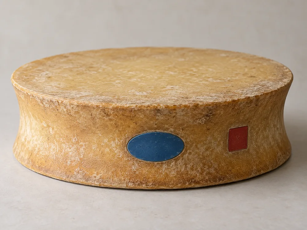 Concave side of a Beaufort wheel with a blue oval plate and a red square plate set into the rind - Beaufort cheese | KnowTheCheese