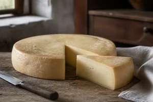 Flat pale-rinded disc with a cut wedge showing supple ivory paste - Beaumont | KnowTheCheese