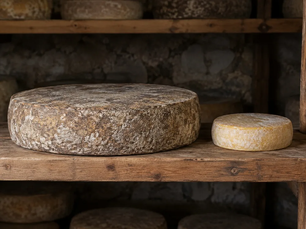 Large natural-rind wheel beside a small pale yellow flat disc on a wooden shelf - Beaumont | KnowTheCheese
