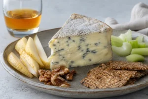 Soft blue Beauvale-style cheese with pear walnuts and crackers - Beauvale | KnowTheCheese