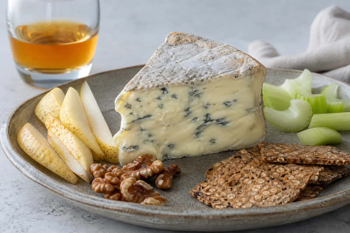Soft blue Beauvale-style cheese with pear walnuts and crackers - Beauvale | KnowTheCheese