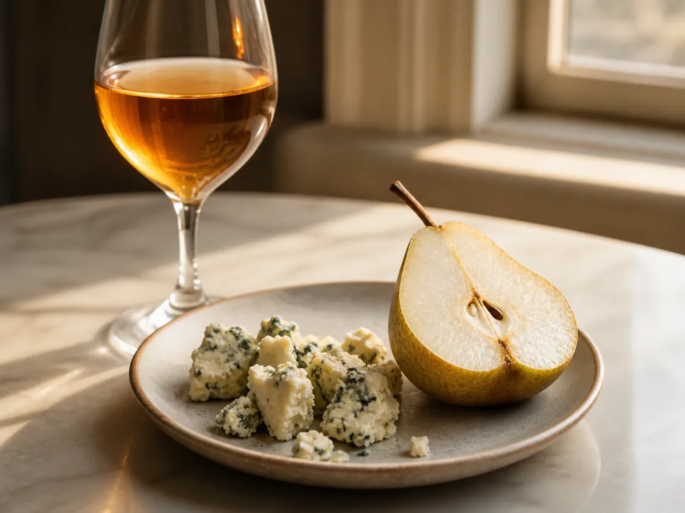 Crumbled pale blue cheese beside a halved ripe pear and a glass of amber dessert wine - Beenleigh Blue | KnowTheCheese