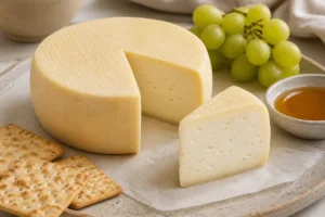 Bel Paese-style cheese wheel and wedge with grapes, crackers, and honey - Bel Paese cheese | KnowTheCheese
