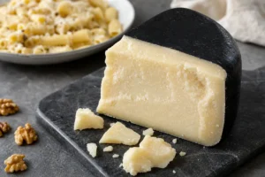 Black-rind Italian hard cheese wedge with pale crumbly paste - Bella Lodi cheese | KnowTheCheese