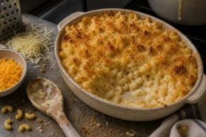 Baked mac and cheese with browned top, creamy sauce, grated cheese, crumbs, pasta elbows, and spoon - Best cheese for mac and cheese | KnowTheCheese