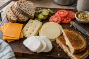 Sandwich cheese board with sliced cheddar, Swiss-style cheese, provolone, mozzarella, and grilled cheese - Best cheese for sandwiches | KnowTheCheese