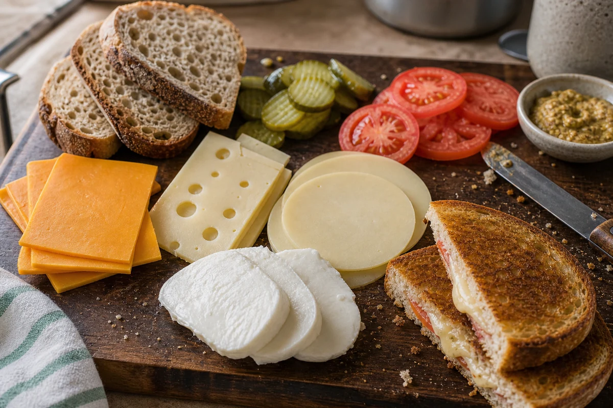 Sandwich cheese board with sliced cheddar, Swiss-style cheese, provolone, mozzarella, and grilled cheese - Best cheese for sandwiches | KnowTheCheese