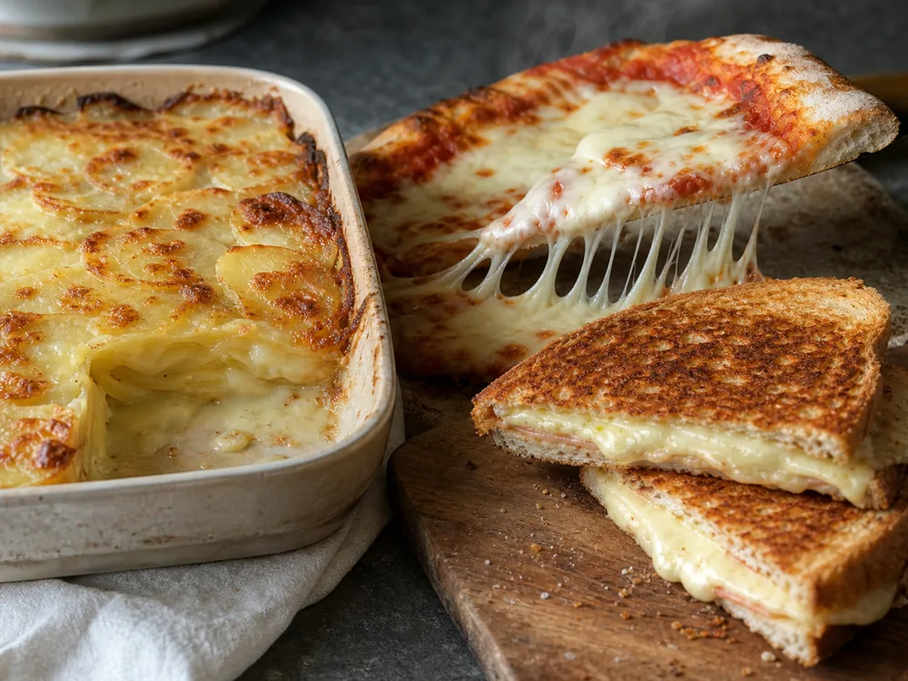 Gratin, pizza, and grilled sandwich showing three different melting cheese jobs - Best melting cheeses | KnowTheCheese