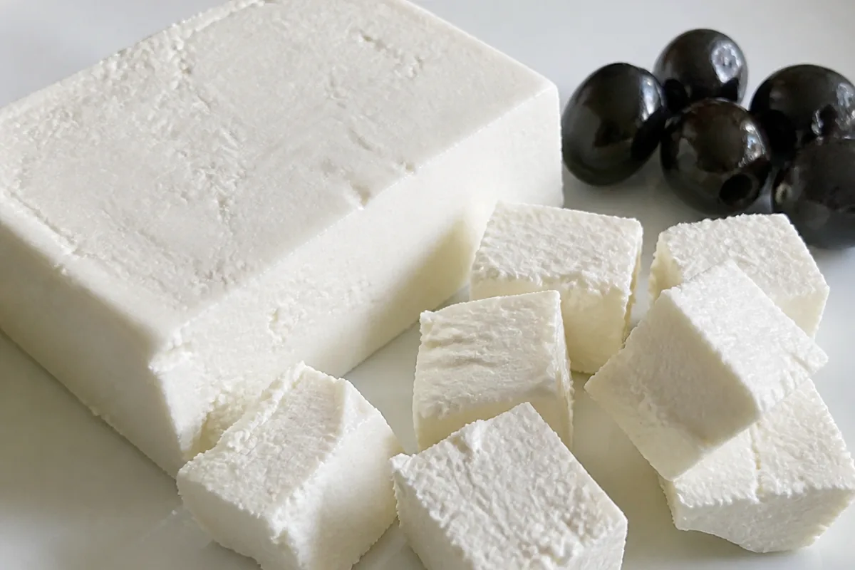 Block of pure white rindless cheese on a plain plate with rough-cut cubes and a few black olives - Beyaz Peynir | KnowTheCheese