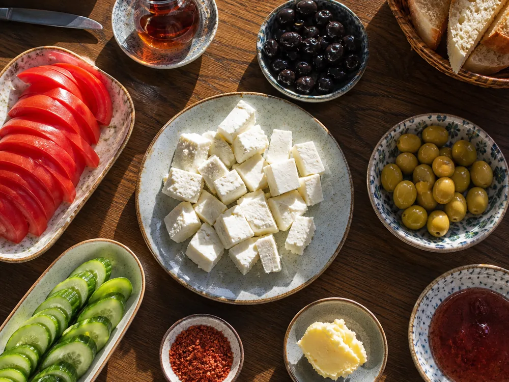 Turkish breakfast table from above with a plate of white cheese cubes, olives, sliced tomato and cucumber, bread and a tulip glass of black tea - Beyaz Peynir | KnowTheCheese