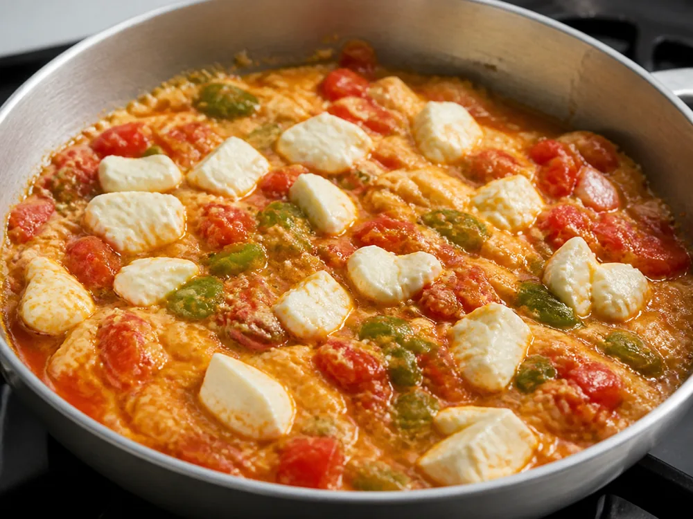 Shallow pan of menemen with soft scrambled eggs, tomato and green pepper and rough lumps of white cheese folded through - Beyaz Peynir | KnowTheCheese