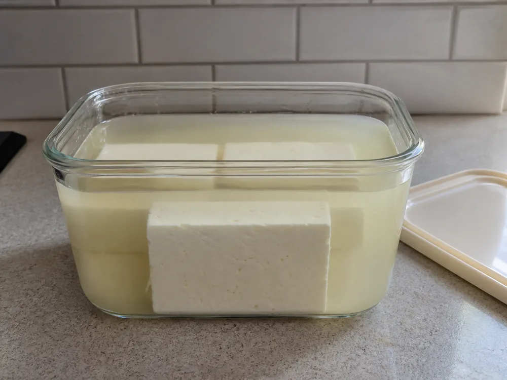Plain glass container of cloudy brine on a counter with several white cheese blocks fully submerged - Beyaz Peynir | KnowTheCheese