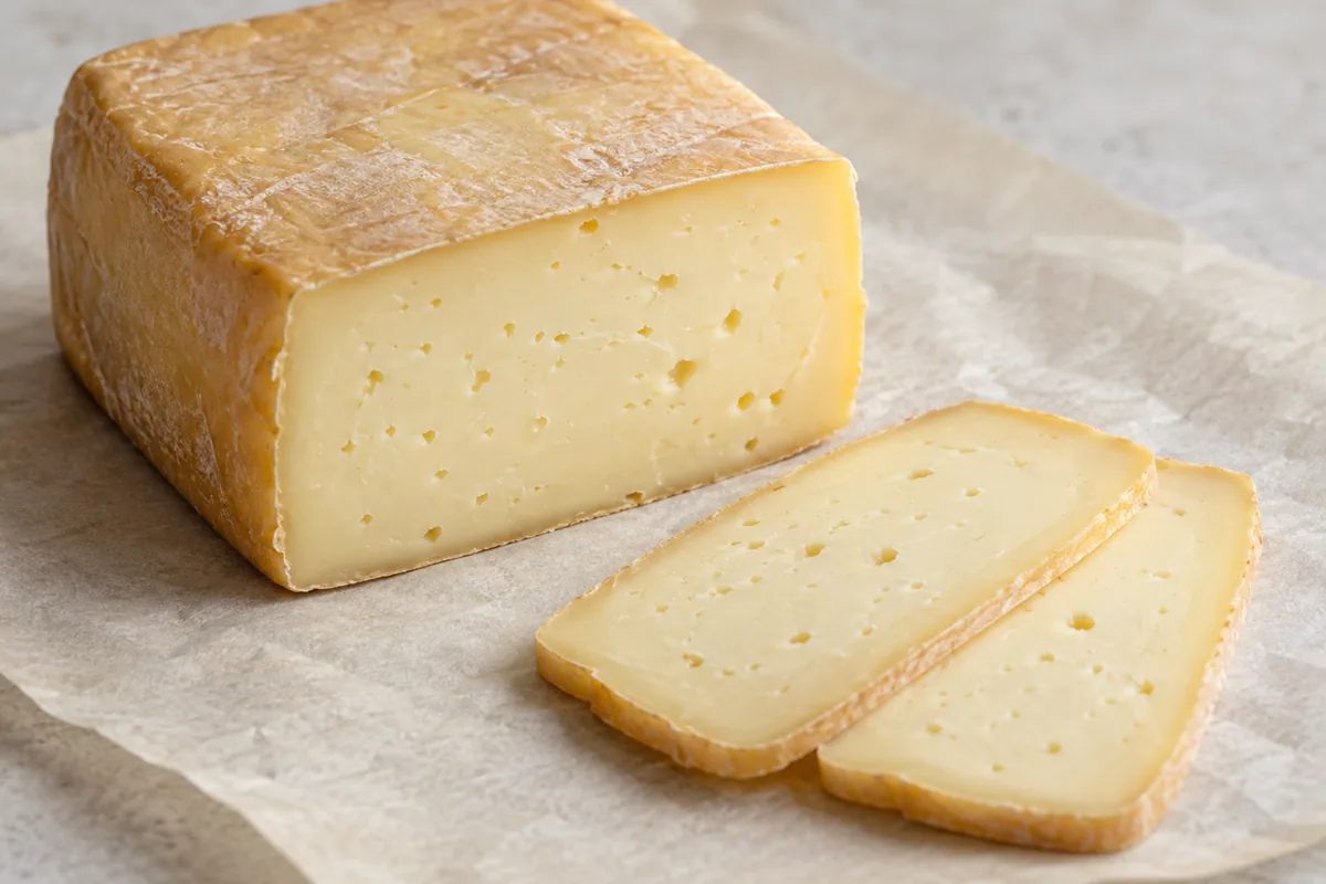 Loaf-shaped block of pale yellow semi-hard cheese with two slices - Bergader Bianco | KnowTheCheese